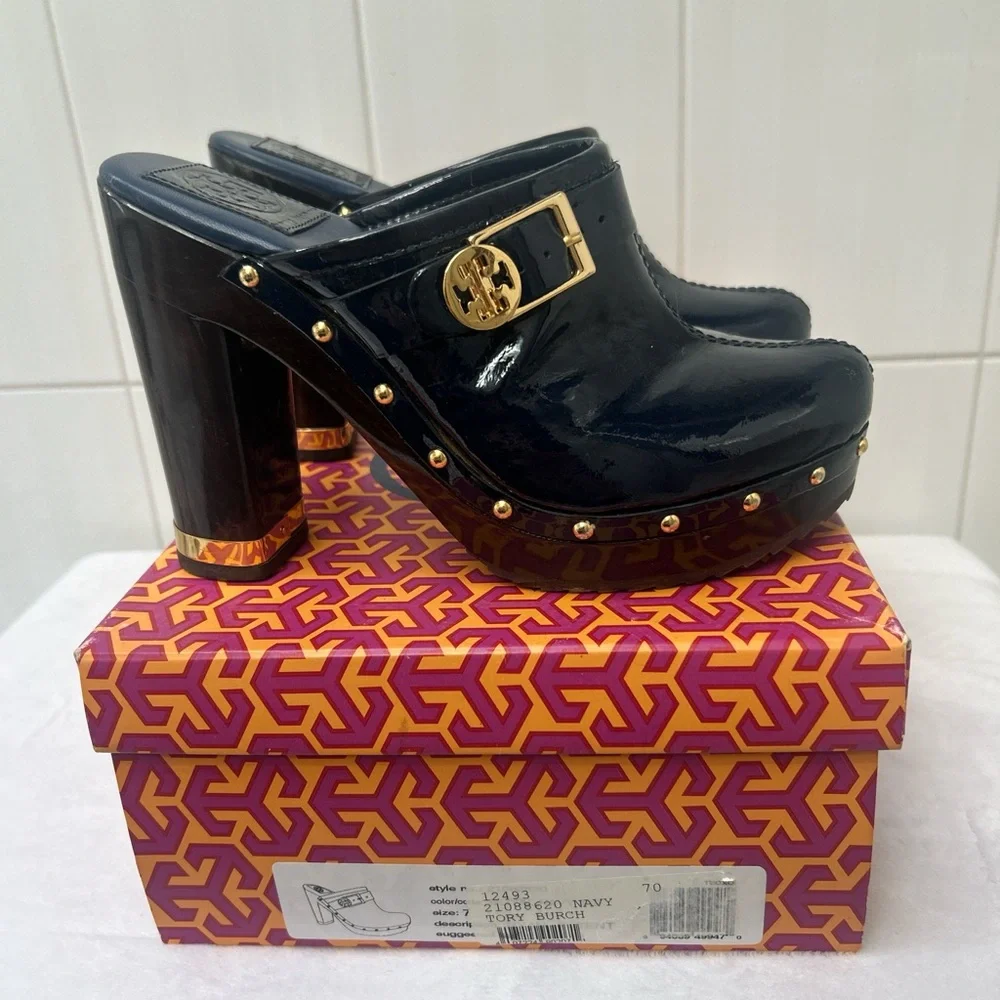 Tory Burch Navy Mules with Gold Details - Picture 1 of 7